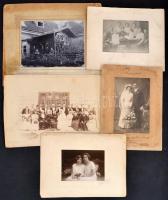 cca 1900-1920 Vegyes fotó tétel, 5 db, csoportképek, portré és esküvői fotó, fotók kartonon, 22x35 cm és 11x15 cm közötti méretben