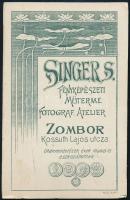 cca 1900 Katona műtermi portréja, keményhátú fotója Singer zombori műterméből, szecessziós hátlappal...