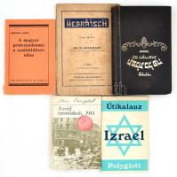 Vegyes judaikai témájú könyvtétel, db:   Dr. M. Goldmann: Hebrausch. 1. Heft. Tel-Aviv-Berlin-Charlottenburg-,1933.,Sefathenu. Papírkötésben, sérült gerinccel, foltos borítóval, ceruzás jegyzetekkel.;  Bereczky Albert: A magyar protestantizmusa zsidóüldözés ellen. Bp., 1984., Ref. Zsinati Iroda. Papírkötés. Reprint.;  Izrael. Polyglott Útikalauz. Bp., 1989, Pegazus. Papírkötés.;  Nina Langlet: A svéd mentőakció, 1944. Bp., 1988, Kossuth. Kiadói papírkötés.  Héber nyelvű könyv, Jerusalem, J. Weinfeld. Javított gerincű műbőr-kötésben.