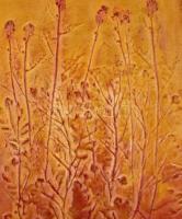 Litkei József (1922-1988): Kerti virágok. Festett bőr kép. Jelzett. 79x54 cm Keretben