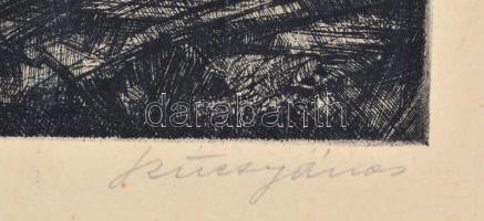 Szűcs János (1917-1995): Tanya. Rézkarc, papír, jelzett, keretben, 20x26 cm