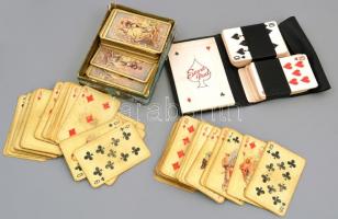 Vegyes kártyatétel, 5 pakli póker kártya (54x2,52x2, és 46 lapos), két pakli hiányos kartondobozban, kettő műanyag tokban, 3 pakli kopott.