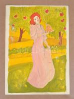 Rónai jelzéssel: Legyezős hölgy. Akvarell, papír. Jelzett. 35 x22 cm Üvegezett keretben.