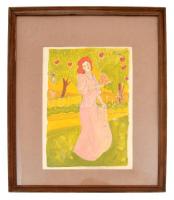 Rónai jelzéssel: Legyezős hölgy. Akvarell, papír. Jelzett.  35 x22 cm Üvegezett keretben