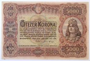 1920. 5000K barna sorozat- és sorszám T:III fo. / Hungary 1920. 5000 Korona with brown series and serial number C:F spotted Adamo SK38+