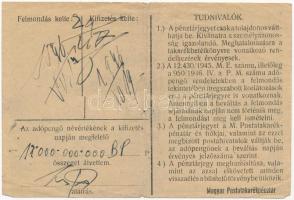 1946. 10.000AP nem kamatozó Pénztárjegy "Másra Át Nem Ruházható" felülbélyegzés és sorszám...