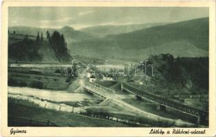 1942 Gyimes, Ghimes; látkép, Rákóczi vár, vasúti híd / Cetatea Rákóczi / general view with castle, railway bridge