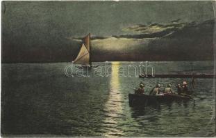 1909 Balaton, alkonyat csónakkal és vitorlással. Gál testvérek kiadása