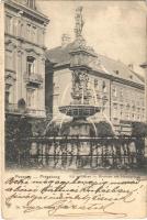 1905 Pozsony, Pressburg, Bratislava; Kút a Fő téren, Rommer Adolf és Schiller üzlete, Fonciere biztosító intézet / fountain on the main square, shops, insurance company (EB)