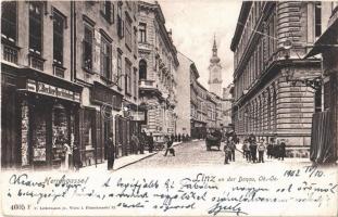 1902 Linz an der Donau, Herrengasse, Gasthof Bären, C. Becker Buchbinder, Ortner / street, shops  (EB)