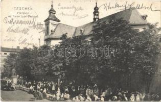 Cieszyn, Teschen; Pfarrplatz mit Kaiser Josef Denkmal / market, statue (EK)