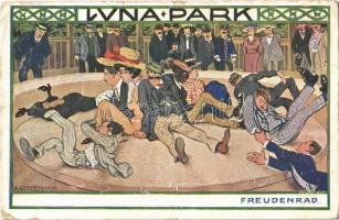 1910 Wien, Erste Internationale Jagdausstellung. Luna Park mit Freudenrad / The First International Hunting Exposition in Vienna. Advertisement art postcard s: A. Gerstenbrand (Rb)