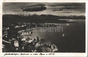 Friedrichshafen, Bodensee, osterr. Alpen u. Luftschiff LZ 127 / LZ 127 Graf Zeppelin, airship over Bodensee + LZ 130 Norder Fertigstellung So. Stpl. (EK)