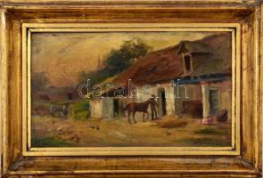 Egerváry Potemkin Ágost (1858-1930): Istálló lóval. Jelzett, Olaj, fa. 26x40 cm Keretben