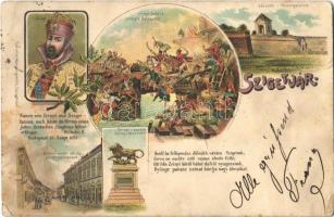 1899 Szigetvár, Várrom, Zrínyi halála és szobra, Biedermann utca; Corvin könyvnyomda, floral litho (apró lyukak / tiny pinholes)