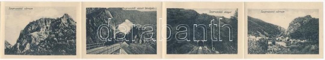 Szarvaskő. leporellolap belül a vasúti bevágás és alagút gőzmozdonnyal