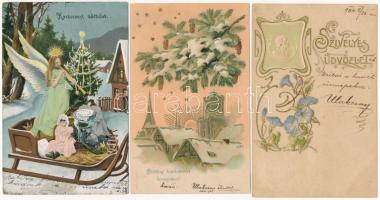 11 db RÉGI képeslap vegyes minőségben: litho üdvözlőlapok és magyar városok / 11 pre-1945 postcards in mixed quality: litho greetings and Hungarian towns