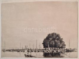 Boldizsár István (1897-1984): Balatonföldvári kikötő. Rézkarc, papír, (hátoldalán hagyatéki pecsét) 28x39 cm