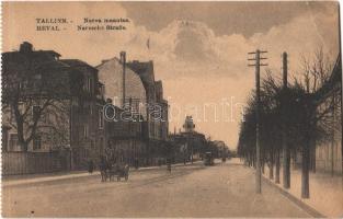 Tallinn, Reval; Narva maantee / Narva street, trams, horse-drawn carriage, from postcard booklet (EB)