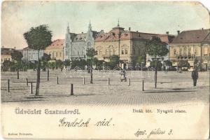 1906 Szatmárnémeti, Szatmár, Satu Mare; Deák tér nyugati része, Lövinger üzlete. Hollósi felvétele / square, shops (EM)
