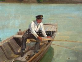 Haranghy Jenő (1894 - 1951): Dunai horgász. Olaj, karton. Jelzett. 38x53 cm Keretben