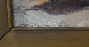 Haranghy Jenő (1894 - 1951): Dunai horgász. Olaj, karton. Jelzett. 38x53 cm Keretben