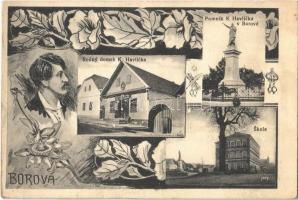 Borová, Rodny domek K. Havlícka, Skola, Pomník K. Havlícka v Borové / birth house, school, statue. Art Nouveau, floral