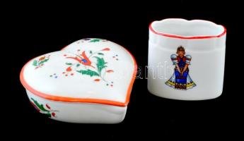 Drasche szív alakú porcelán bonbonier, és fogpiszkáló, matricás, jelzett, gyári hibával, 2 db
