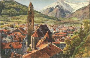 1913 Merano, Meran (Südtirol); general view, church, art postcard, artist signed