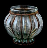 Fújt üveg váza, vas rátéttel, m: 16 cm