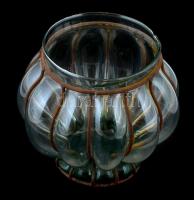 Fújt üveg váza, vas rátéttel, m: 16 cm