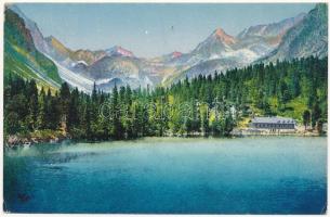 1930 Tátra, Magas Tátra, Vysoké Tatry; Popradské pleso s chatou / Poppersee u. Majlath-Schutzhütte / Poprádi-tó és Majláth menedékház / lake, chalet (ázott / wet damage)