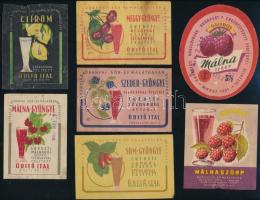 cca 1955-1965 Gyümölcsszörp és üdítőital címkék (Kőbányai Sör- és Malátagyár, Budapesti Konzervgyár), mind másféle, 7 db