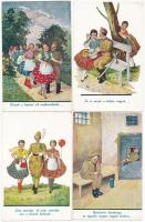 4 db RÉGI magyar humoros katonai művész képeslap / 4 pre-1945 humorous military graphic art postcards
