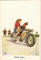 Repülj gépem... / WWII Hungarian military art postcard, soldier on motorbicycle with woman s: Ottó