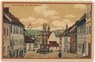 1918 Selmecbánya, Schemnitz, Banská Stiavnica; Szentháromság tér és szobor, üzletek. Grohmann kiadása / Holy Trinity square and statue, shops (r)