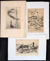 Vegyes grafikai tétel, 8 db, Pécsváradi gimnázium (x2), Pécsi televíziótorony, Komlói toronyházak, P...