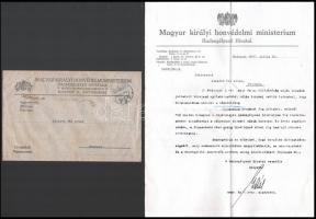 1917 Bp., M. Kir. Honvédelmi Ministerium Hadsegélyező Hivatalának fejléces, gépelt levele, borítékkal.