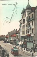 1914 Miskolc, Széchenyi utca, villamos, Apollo színház, mozi, Weidlich udvar, Pannonia szálloda és kávéház, Weidlich Pál üzlete (EK)