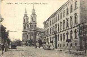 1914 Miskolc, MÁV üzletvezetőség és Mindszenti római katolikus templom, villamos, Grosz István üzlete (EK)
