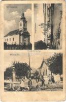 1930 Tiszavárkony, Református templom, Hajóállomás, gőzhajó, Községháza. Ungár László felvétele (kopott sarkak / worn corners)