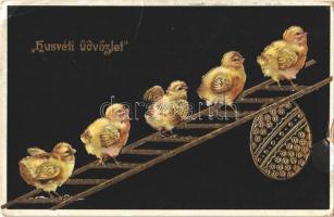 1911 Húsvéti üdvözlet / Easter, chicken. Decorated Emb. litho  (EK)