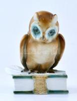 Zsolnay porcelán bagoly könyvön, kézzel festett, jelzett, hibátlan, m: 16 cm