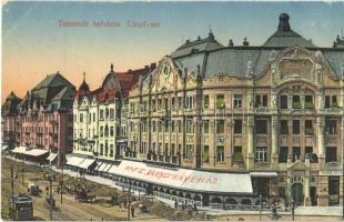 Temesvár, Timisoara; Belváros, Lloyd sor, Lloyd kávéház, útépítési munkálatok, villamos, Reisz üzlete. Uhrmann Henrik kiadása / café, road construction, tram, shop