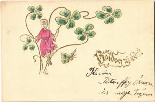 1902 Boldog új évet! / New Year greeting, clovers. Emb.