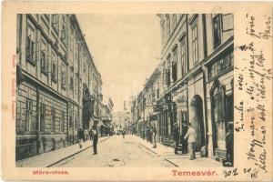 1902 Temesvár, Timisoara; März utca, Reisinger Károly, Pall üzlete. Raschka kiadása / street view, shops