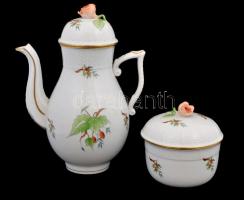 Herendi csipkebogyó mintás hiányos teás készlet cukortartóval, kézzel festett, jelzett, hibátlan