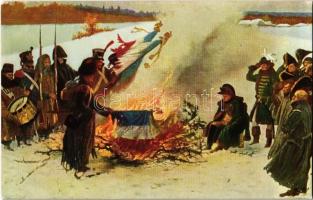Sic transit gloria mundi, Napoleon with his soldiers, burning flags, s: W. Kossak (EK)