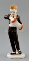 Hollóházi harmonikázó kisfiú, kézzel festett, hibátlan, jelzett, m: 14 cm