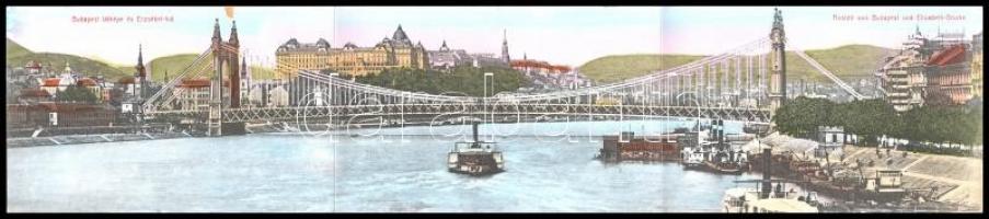 Budapest, látkép az Erzsébet híddal, rakpart, gőzhajók. Három részes kinyitható panorámalap / 3-tiled folding panoramacard